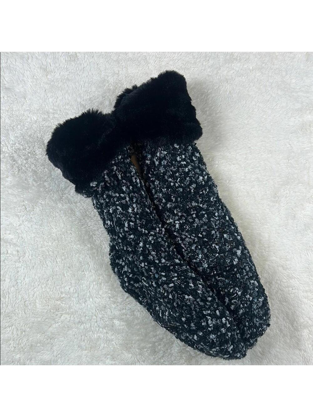 Women’s Black Gray Knit Slipper Socks Faux Fur Cuff Cozy Winter House Socks